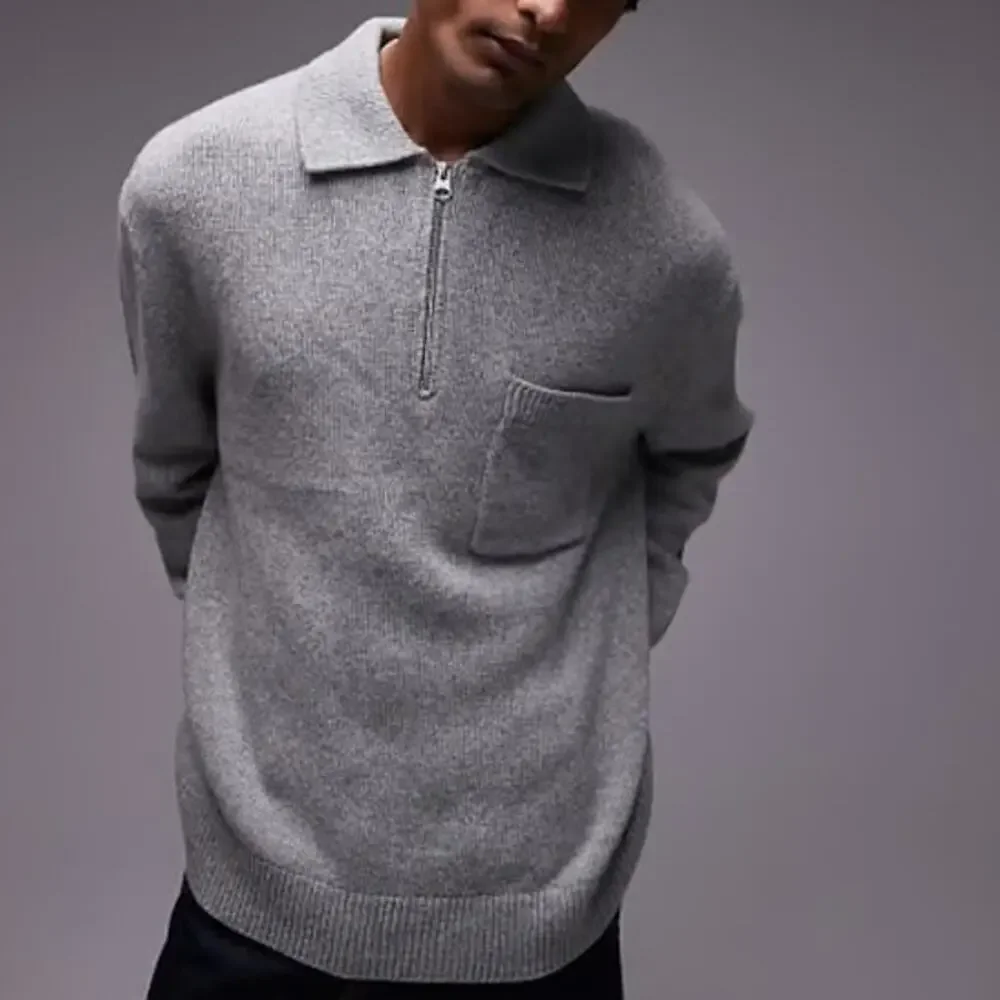 Arket Wool Quarter Zip Oversized Pullover Polo Sweater Large Gray Minimalist